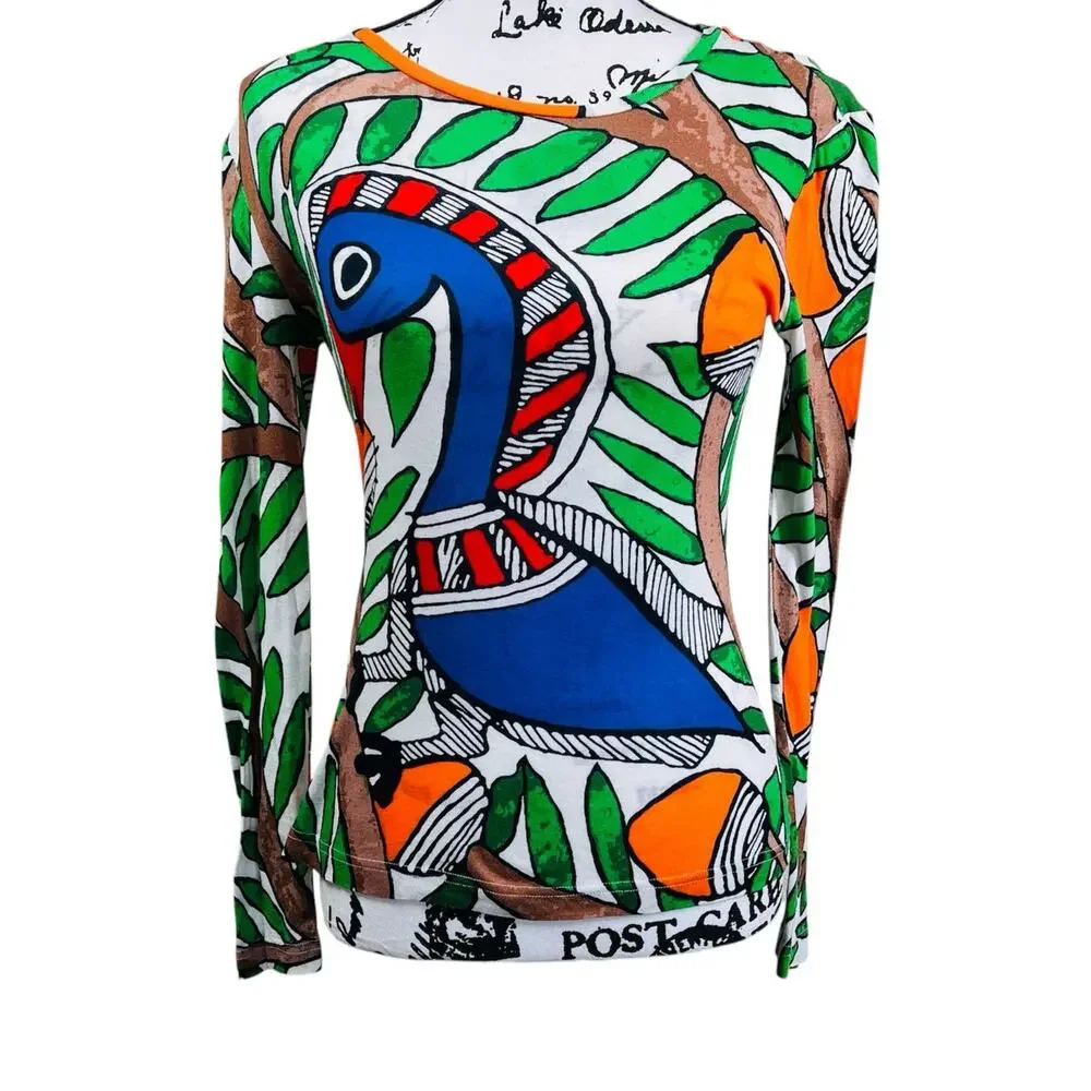 Tory Burch Green/ Blue long sleeve crew neck top size XS bird print